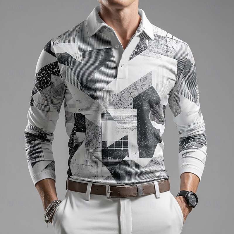 Men's Color Block Polo Long Sleeve Polo Shirts Lapel Business Casual Outdoor Athleisure Daily Wear 3D Print Buttons Spring Fall Winter Gray