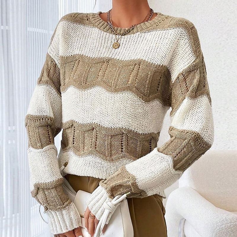 Women's Sweater Pullover Streetwear Casual Striped Cable Crew Neck Patchwork Knitted Long Sleeve Regular Tops Knit Holiday Going out Weekend Apricot Fall Winter4