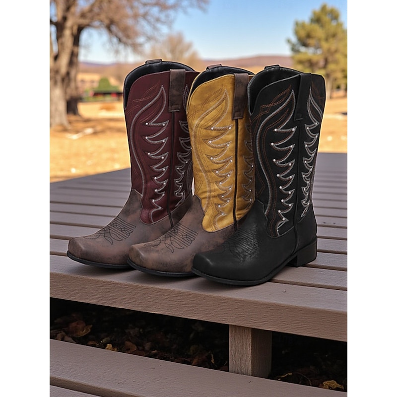 Women's Western Cowboy Boots Brown and Red Embroidered Mid-Calf Design Durable Comfortable Footwear for Casual Outfits
