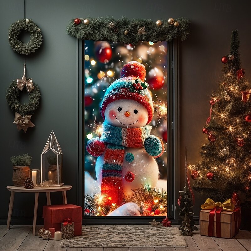 Christmas Door Cover, Adorable Snowman in Winter Wonderland Holiday Door Curtain Backdrop for 2025 Xmas Party Indoor Outdoor Decorations2