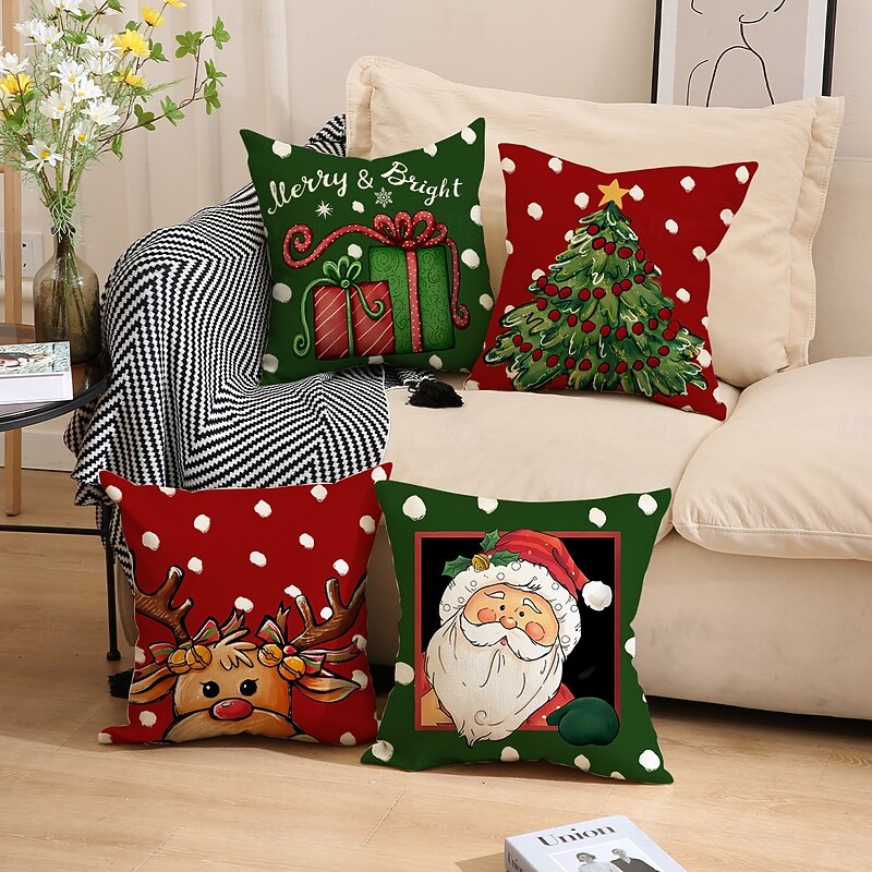Christmas Pillow Covers, Linen Santa Print Decorative Sofa Cushions, Holiday Home Throw Pillows for Living Room & Bedroom4