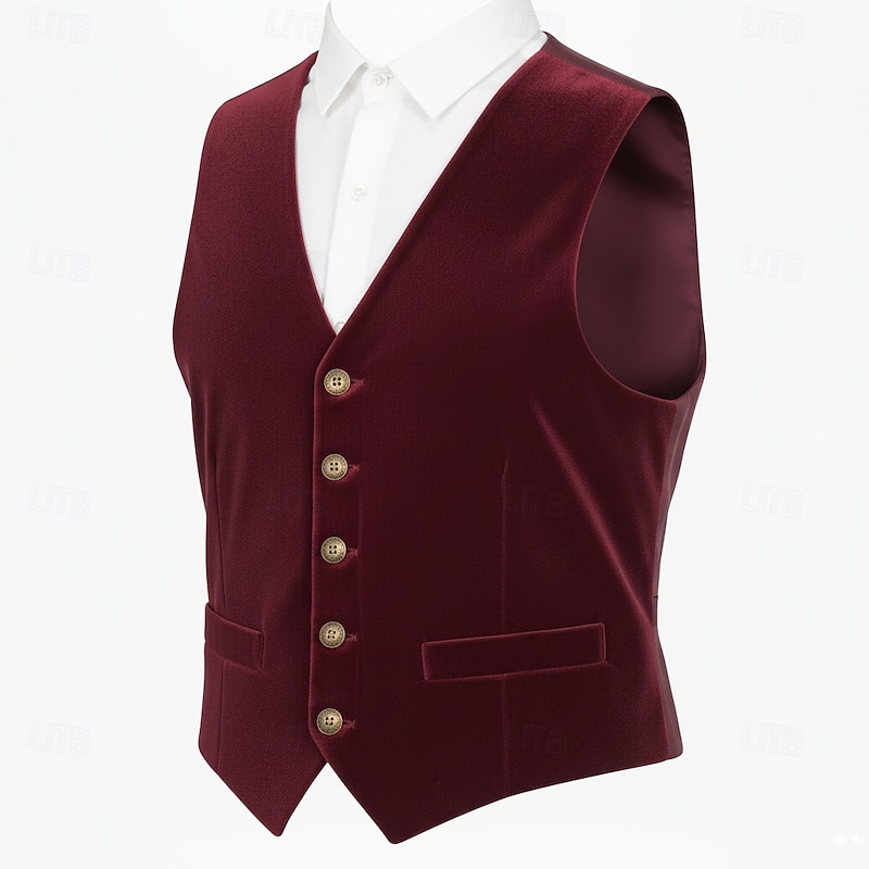 Men's Casual Vest Notch Lapel Black Burgundy Formal Solid Colored Tailored Fit3