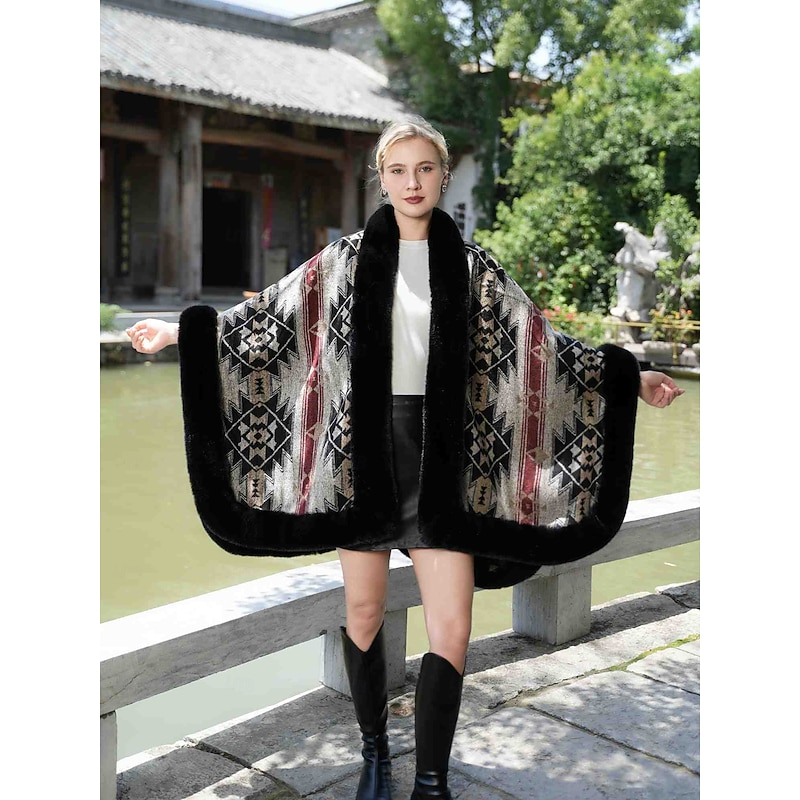 Faux Fur Wraps Elegant Casual Daily Sleeveless Batwing Sleeve Polyester Wedding Wraps With Jacquard For Special Occasion Fall & Winter