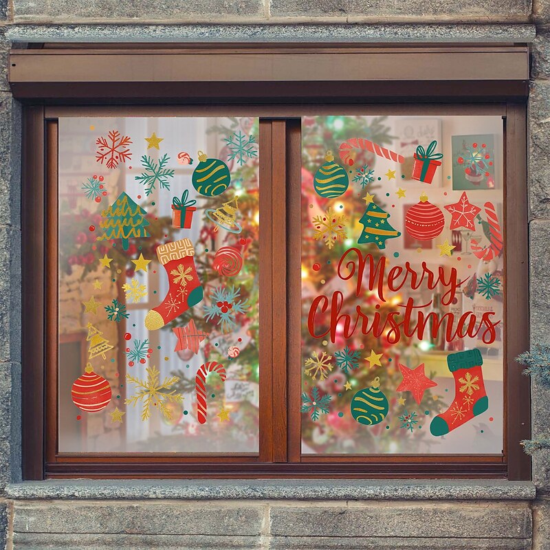 Christmas Sticker Wall Decals Cartoon Christmas Elements Gift Snowflake Removable Vinyl Mural Holiday Party Bedroom Living Room Glass Window Door Background Decoration For Home2