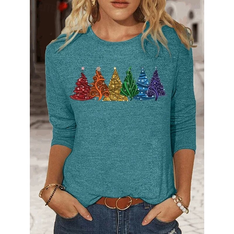 Christmas Women's T Shirt Graphic Christmas Tree Vintage Fashion Stylish Long Sleeve Crew Neck Round Neck Regular Tops Daily Weekend Print Black Red Blue Green Khaki Spring Fall Winter2