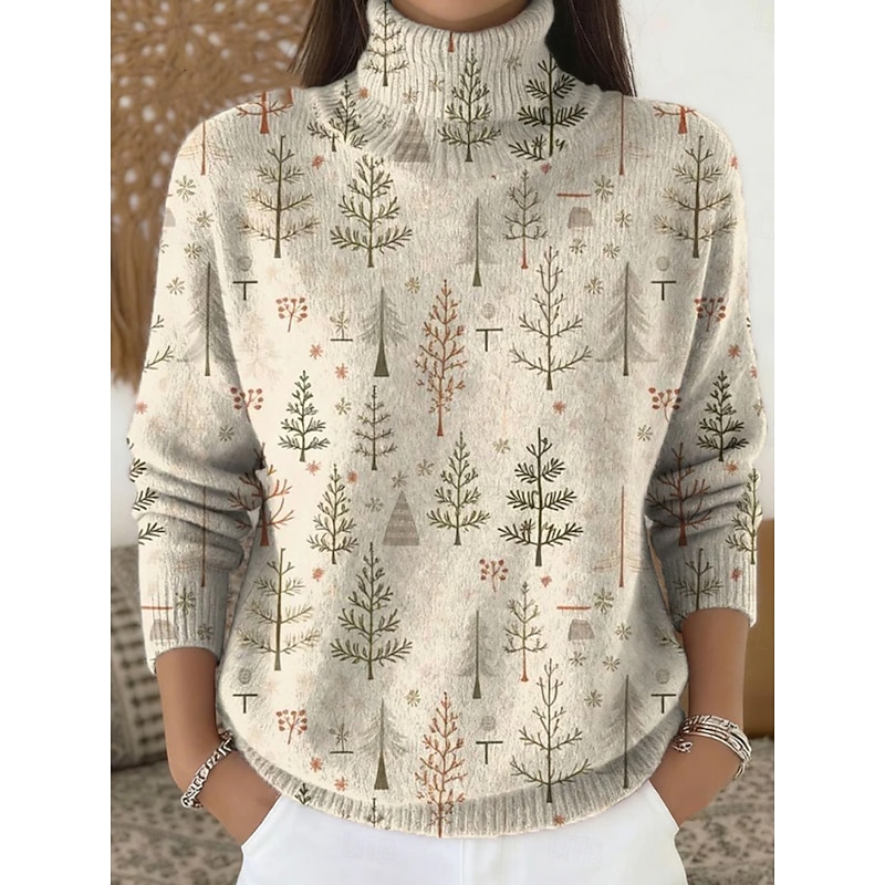 Women's Sweater Vintage Casual Soft Graphic Christmas Tree Ribbed Turtleneck Knitted Print Long Sleeve Regular Tops Knit Outdoor Daily Weekend Light Green Blue Fall Winter3
