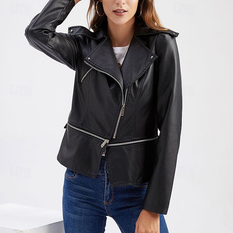 Women's Faux Leather Jacket Comfortable Patchwork Zipper Casual Solid Color Vacation Street Casual Daily Wear Regular Turndown Regular Fit Long Sleeve Outerwear Black Wine Camel Spring Fall2