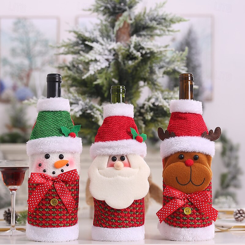 3 Pack Christmas Wine Bottle Covers, Creative Cartoon Santa, Snowman and Reindeer Wine Bags, Holiday Red Wine and Champagne Bottle Decorations, Xmas Table Accessories, Reusable Gift Wrapping3