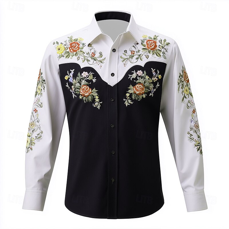 Men's Floral Print Cow Print Flowers Shirt Western Shirt Cowboy Shirt Long Sleeve Vintage Retro Outdoor Vacation Spring Fall Turndown 3D Print Linen Like Shirt Red Blue Purple Orange3