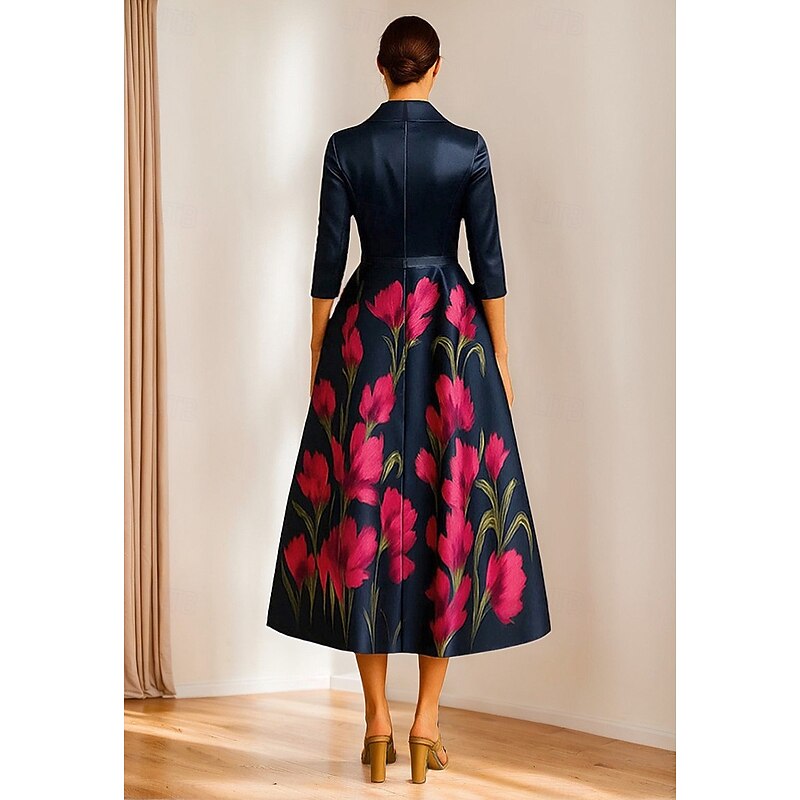 A-Line Mother of the Bride Portrait Collar Evening Gown Elegant Formal Dress Formal Wedding Midi Length Tea Length 3/4 Length Sleeve V Neck Stretch Satin with Floral Print3