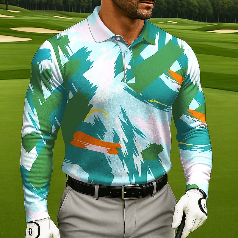 Men's Color Block Golf Polo Long Sleeve Polo Shirts Lapel Casual Athleisure Daily Wear 3D Print Buttons Spring Fall Winter Blue Purple Green2