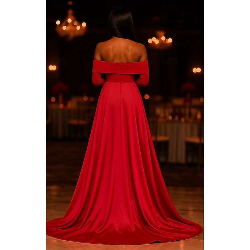 Red Formal Evening Gown Stretch Crepe Elegant with Detachablle Overskirt Wedding Sweep / Brush Train Long Sleeve Off Shoulder Satin 20253