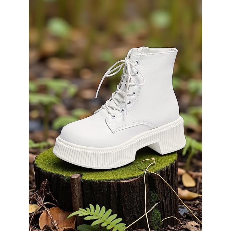 Women's Black Platform Combat Boots with Lace Up and Side Zipper- Chunky Sole Fashion Ankle Boots for Casual Streetwear and Fall Outfits