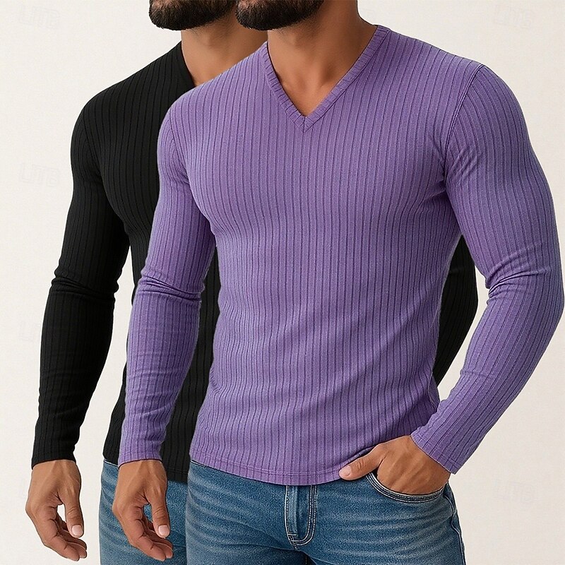 2 Piece Men's T Shirt Ribbed Knit tee Tee Top Long Sleeve Shirt Long Sleeve V Neck Spring Fall Winter Plain Pit Strip Fashion Designer Basic Knitting Vacation Street Casual Black  Purple Tee2