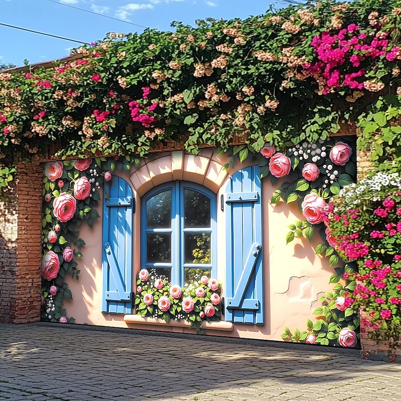 Garage Door Cover Large Hanging Backdrop Stone Wall Rustic Windows Rustic Cottagecore 3D Party Outdoor Shooting Backgrounds Front Door Home Decor4