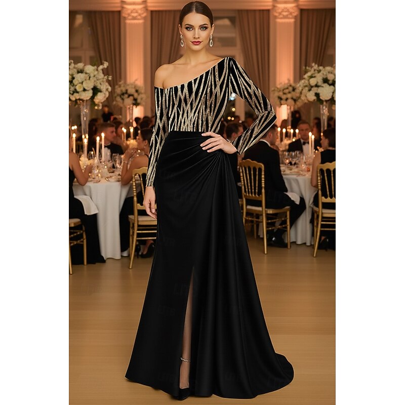 Black and Gold Sequin A-Line Evening Gown Elegant Dress Formal Wedding Sweep / Brush Train Long Sleeve One Shoulder Satin with Pleats Ruched 2025