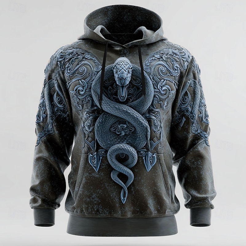 Men's 3D Snake Hoodie Sweatshirt Cool Party Crew Neck Club Streetwear Blue Green Drawstring Fall Winter Designer2