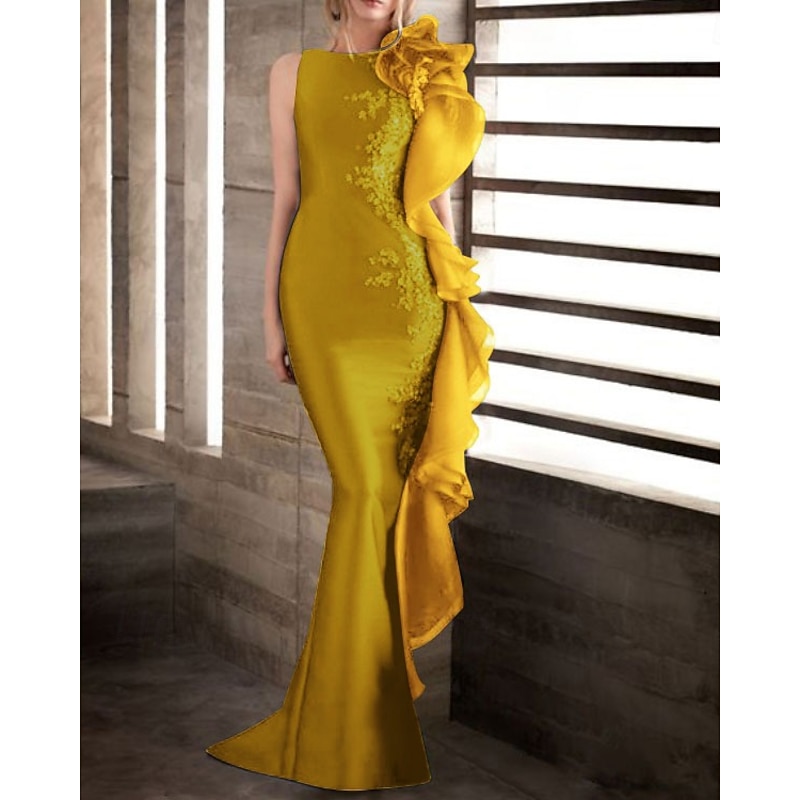 Mermaid Evening Gown Elegant Dress Engagement Formal Evening Sweep / Brush Train Sleeveless Jewel Neck Fall Wedding Guest Stretch Satin with Appliques Masquerade Dress4