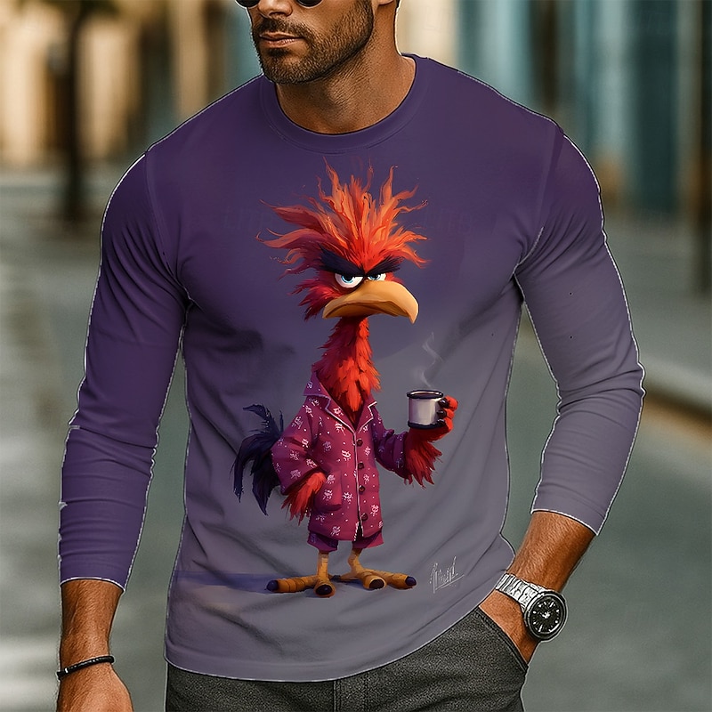 Men's Animal Funny T Shirt Long Sleeve T shirt 3D Print Crew Neck Shirt Fashion Basic Street Casual Daily Deep Purple Light Purple Green Summer Spring Clothing Apparel S M L XL XXL XXXL3