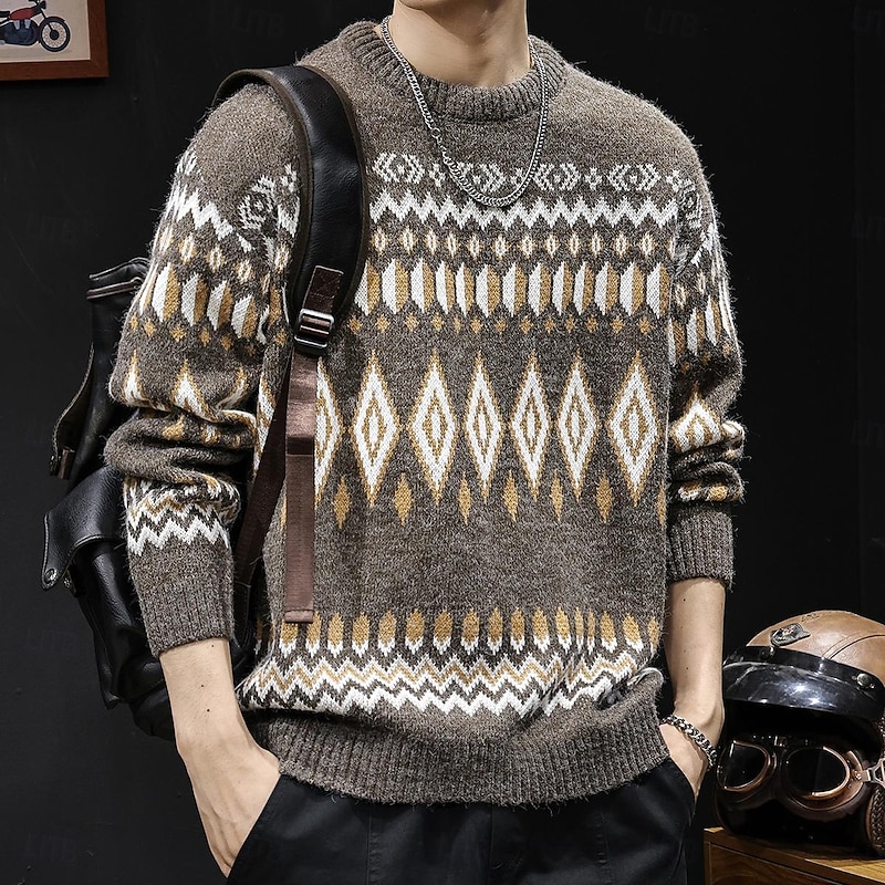 Men's Geometic Fair isle Sweater Pullover Sweater Jumper Knitwear Crewneck Casual Vacation Home Street 3D Print Knitting Keep Warm Long Sleeve Spring Fall Winter Brown