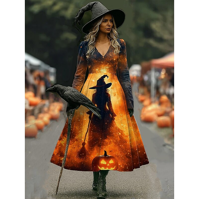 Halloween Women's Skulls Print Midi Dress A Line Dress Vacation Casual Daily Regular Fit Graphic Skull Long Sleeve V Neck Blue Orange Gray Fall Winter2