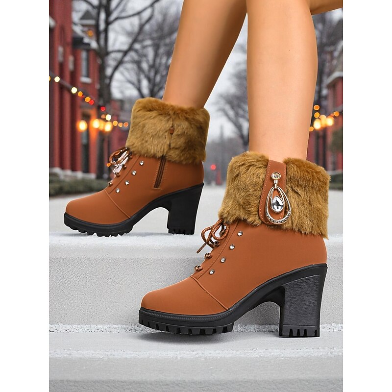 Women's Brown Faux Leather Ankle Boots with Fur Cuff and Chunky Block Heel – Warm Winter Lace-Up Booties with Rhinestone Detail for Ladies, Perfect for Outdoor, Casual & Holiday Wear4