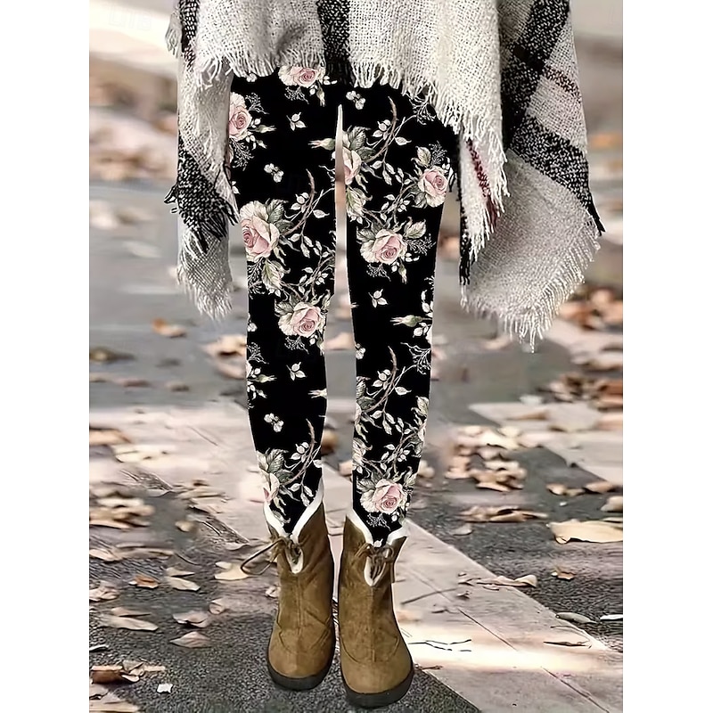 Women's Leggings Vacation Vintage Fashion Full Length High Waist Floral Graphic Printing Thermal Warm Soft Breathable Stretchy Formal Outdoor Vacation Violet Pink off-white Spring Fall Slim Fit2