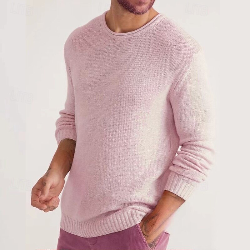 Men's Sweater Pullover Sweater Jumper Ribbed Knit Regular Tops Knitted Slim Fit Plain Crew Neck Knitwear Contemporary Casual Daily Wear Clothing Apparel Fall Black Pink M L XL2
