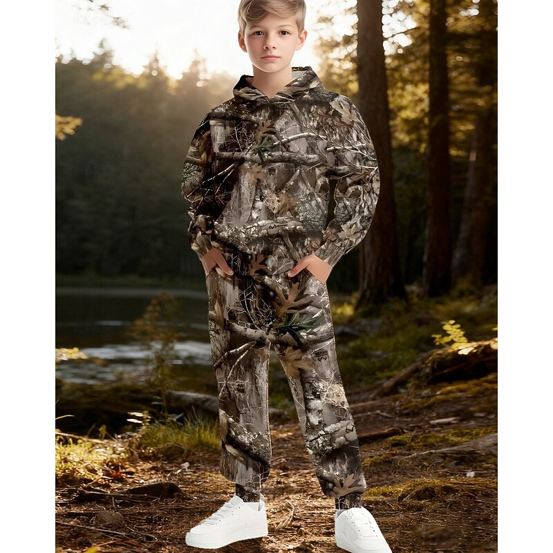 Boys' 3D Tree Hoodie & Sweatpants Set Sports Suit Tracksuits Long Sleeve Spring Fall Daily Basic Casual Kids 4-12 Years Hooded Outdoor Vacation Sports Tailored Fit