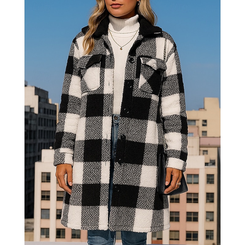 Women's Long Winter Coat Polar Fleece Jacket with Pockets Long Sleeve Top Athleisure Fall Plaid Checkered Windproof Warm Hiking Outdoor Travel Sportswear Activewear Black Khaki3