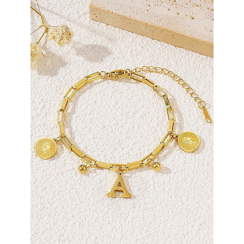 Women's Gold-Plated Alphabet Letter Bracelet with Coin and Ball Charms, Adjustable Chain, Stylish Christmas Gift for Her, Personalised Jewelry Accessory3