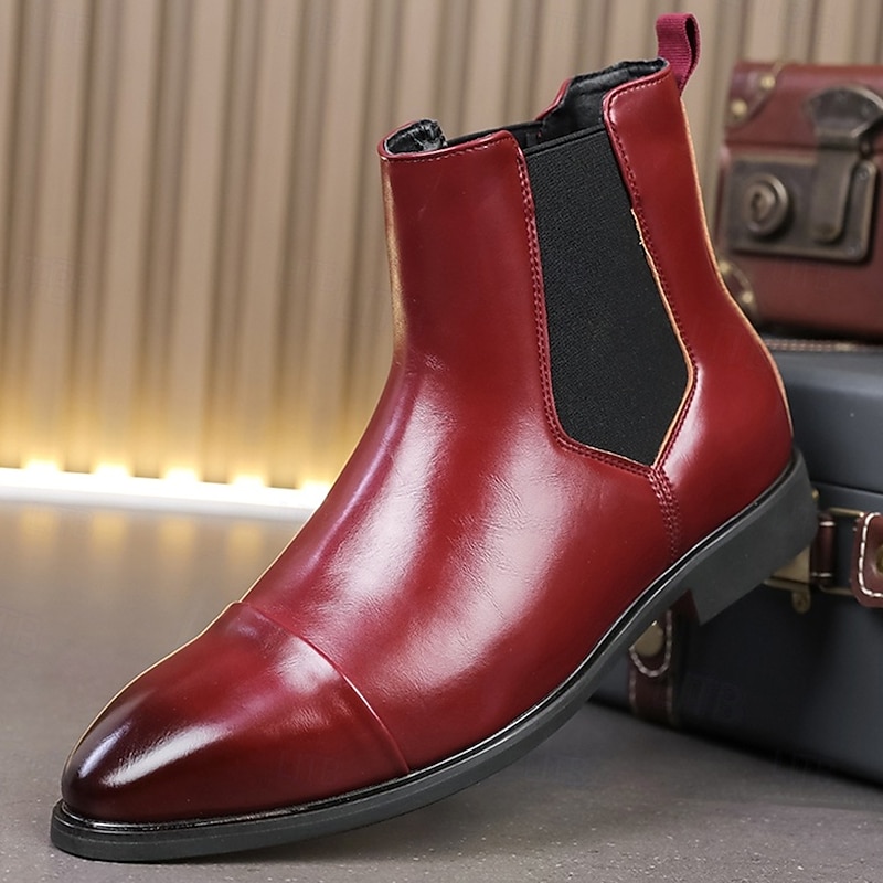 Men's Red Chelsea Boots Classic Slip-On Dress Ankle Boots with Polished Finish for Business Professionals, Evening Parties and Formal Occasions