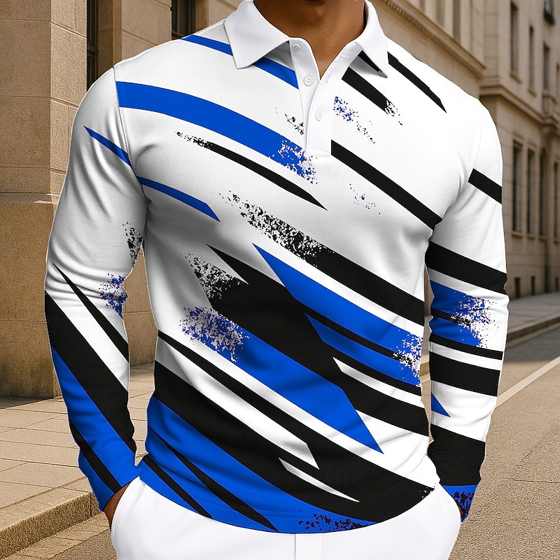 Men's Geometic Line Polo Long Sleeve Polo Shirts Lapel Casual Athleisure Daily Wear 3D Print Buttons Spring Fall Winter Red Blue Purple4