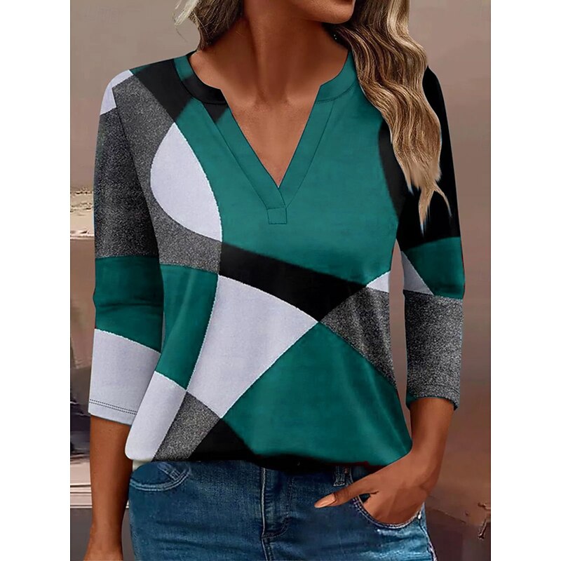 Women's T Shirt Graphic Geometric Vintage Stylish Classic Long Sleeve V Neck Notched Neck Regular Tops Daily Print Red Blue Purple Green Spring Fall Winter2