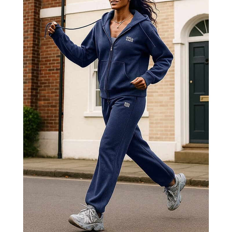 Women's Zip Up Hoodie 2 Piece Tracksuit Sweatsuit Sets Baggy with Pocket Solid Colored Clothing Suit Fall Dark Blue Beige Hiking Vocation Outdoor Lightweight Long Sleeve Sport Activewear Micro-elastic3