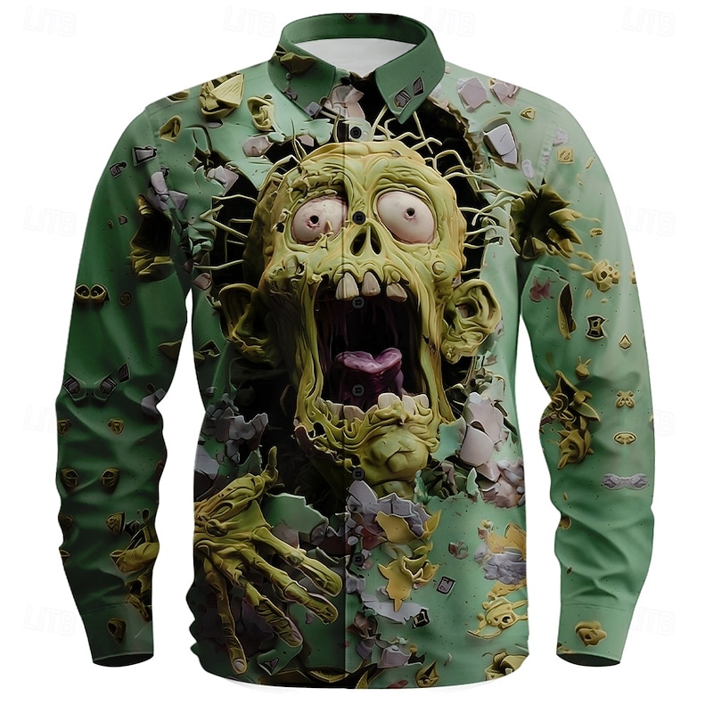 Halloween Men's Zombies Horror Cracked Wall Shirt Button Up Shirt Long Sleeve Dark Gothic Style Outdoor Casual Daily Spring Fall Turndown 3D Print Collared Shirts Blue Purple Green3