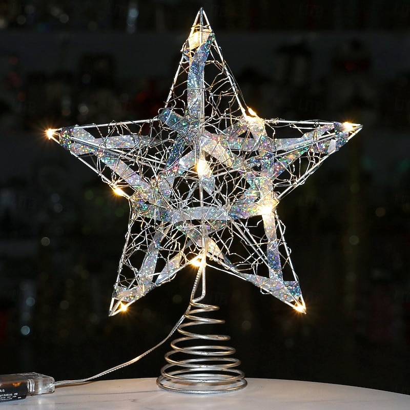 Christmas Tree Topper Star Led Light Xmas, Colorful Iron Five-Pointed Star Ornament, Hanging Tree Decoration, Festive Holiday Home Table Decor Gift