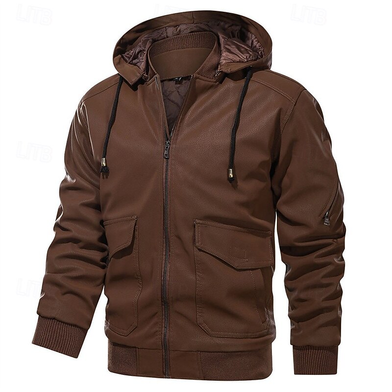 Men's Faux Leather Jacket Quilted Jacket Hoodie Jacket Vacation Daily Windproof Warm Pocket Detachable Hood Fall Winter Plain Fashion Classic Hooded Regular Black Brown Jacket3