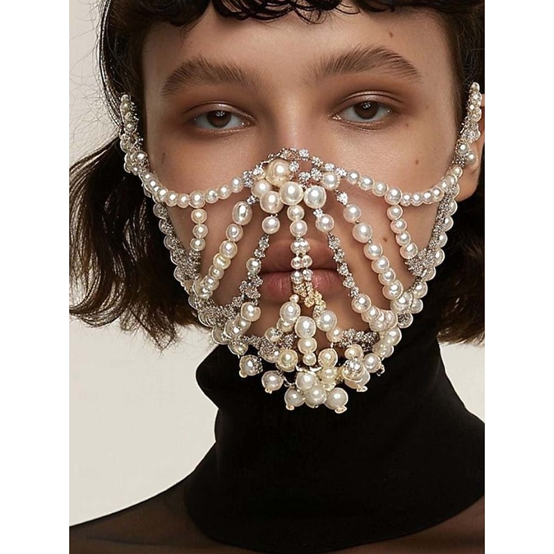 Women's Luxury Pearl Crystal Face Mask Jewelry Elegant Costume Accessory for Masquerade Balls and Halloween Parties