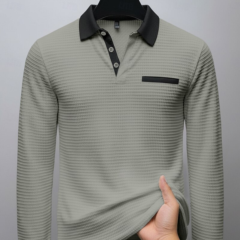 Men's Waffle Polo Shirts Polo Shirts Formal Business Ribbed Polo Collar Long Sleeve Fashion Solid Color Pocket Buttons Spring &  Fall White Blue Gray Waffle Polo Shirts3