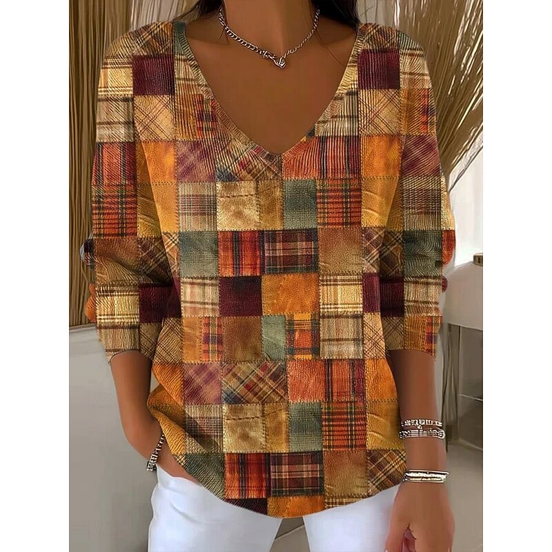 Women's Sweater Casual Soft Graphic Geometric Color Block Ribbed V Neck Patchwork Knitted Print Long Sleeve Regular Tops Knit Outdoor Daily Weekend Light Brown Fall Winter