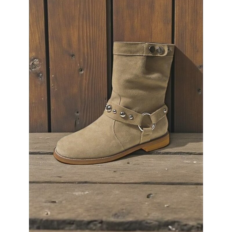 Women's Suede Ankle Boots with Ring Strap and Studded Detail Comfortable Flat Heel Shoes for Casual Outfits3