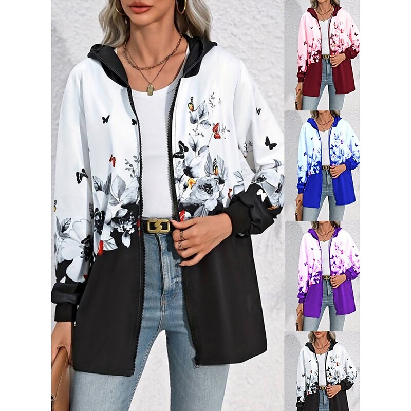 Women's Casual Jacket Hoodie Jacket Comfortable Breathable Zipper Pocket Print Casual Floral Vacation Street Daily Wear Going out Zipper Regular Hooded Regular Fit Long Sleeve Outerwear Black Wine