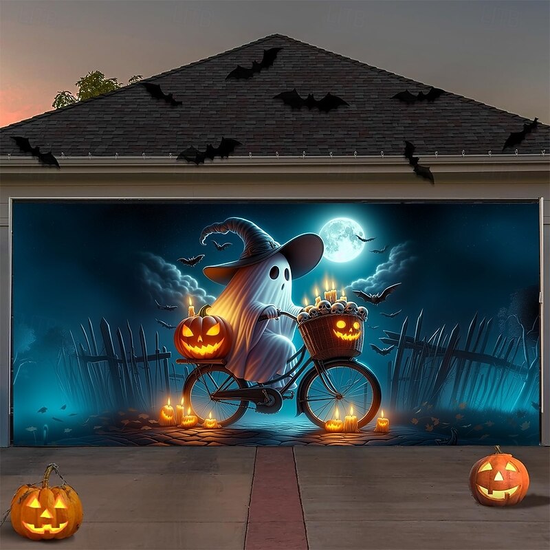 Halloween Garage Door Cover Ghost Pumpkin and Bat Banner Haunted House Horror Scene Spooky Backdrop Tapestry for Outdoor Wall Fence Yard Halloween Party Decoration