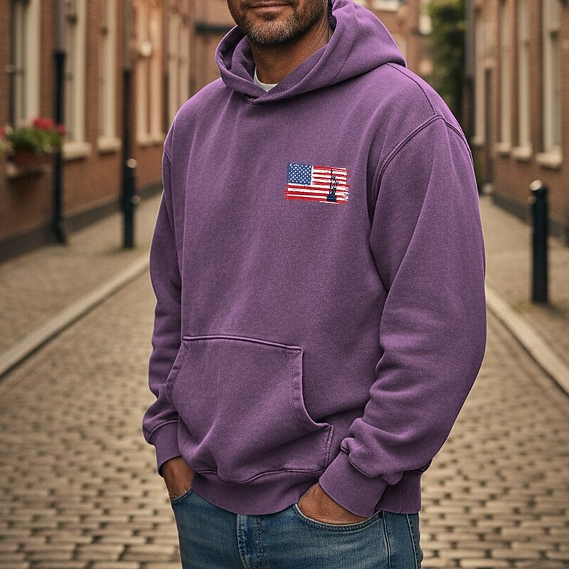 Men's Hoodie Distressed Hoodie Black Yellow Pink Red Blue Hooded American Flag Drawstring Pocket Front Pocket Sports & Outdoor Daily Holiday Cotton Streetwear Basic Casual Spring &  Fall Clothing