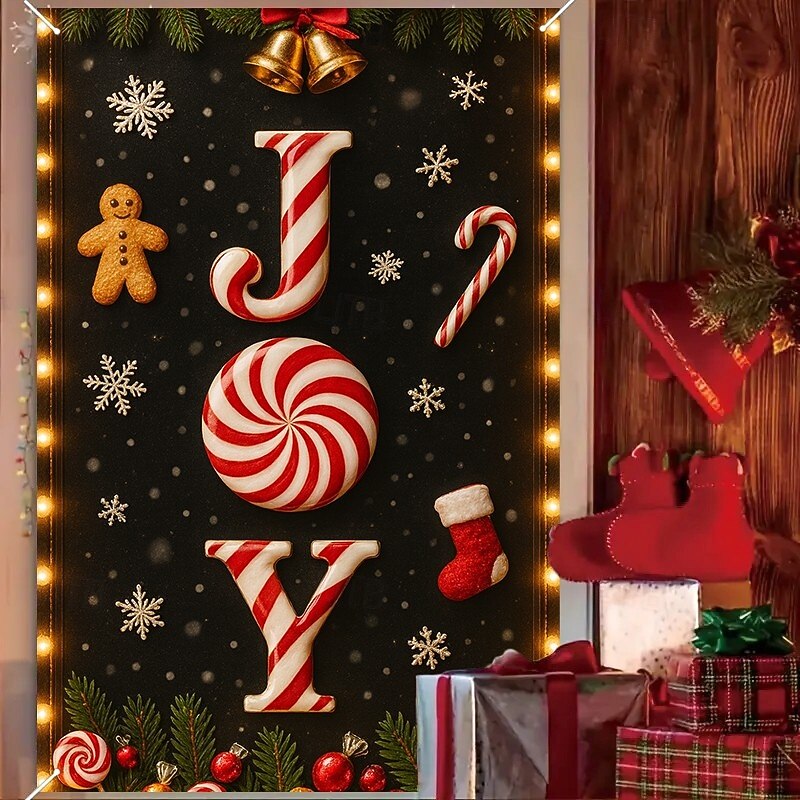Christmas JOY Candy Cane Curtain, 2025 Xmas Festive Window Curtain Door Cover with Peppermint and Ornaments, Holiday Decoration for Home Party2