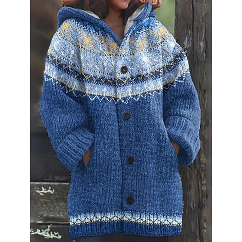 Women's Sweater Cardigan Elegant Fashion Streetwear Geometric Striped Hooded Pocket Knitted Print Long Sleeve Regular Tops Knit Outdoor Daily Weekend Navy Blue Royal Blue Fall Winter