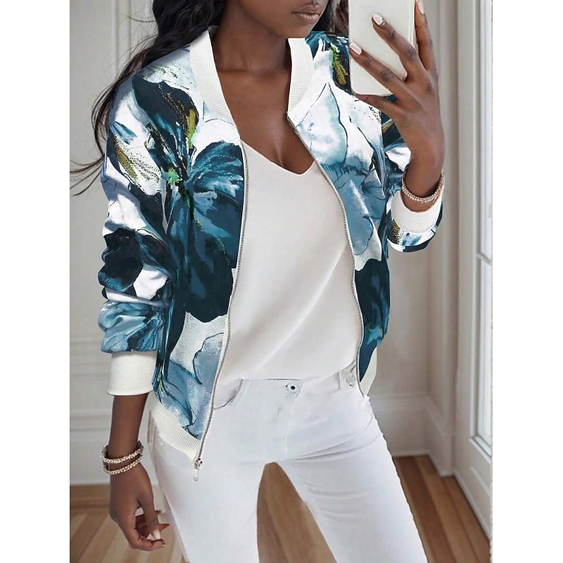 Women's Casual Jacket Warm Quick Dry Zipper Pocket Elegant Fashion Daily Simple Floral Vacation Casual Daily Holiday Short Baseball Collar Regular Fit Long Sleeve Outerwear Blue Green Spring Fall4