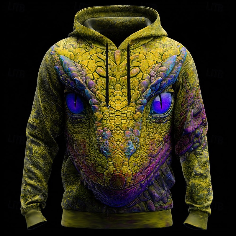 Men's 3D Snake Hoodie Sweatshirt Cool Party Crew Neck Club Streetwear Yellow Red Drawstring Fall Winter Designer3