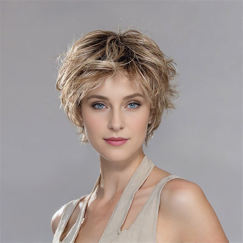 Women’s Brown Blonde Highlight Tousled Short Wig with Bangs Natural Looking Realistic Synthetic Hair Heat Resistant Layered Cut Elegant Daily Wear Fashion Style2
